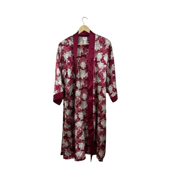 Adonna Small Kimono Robe Silky Red Floral Rose Tie Waist 3/4 Sleeves Womens - Picture 1 of 11